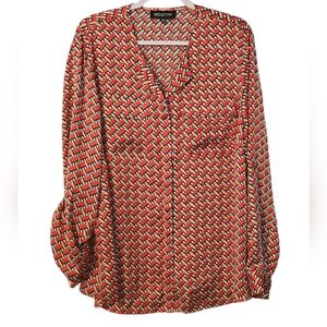 Jones New York Women's Red Geometric Print Collared Button Down Blouse  Size 18W